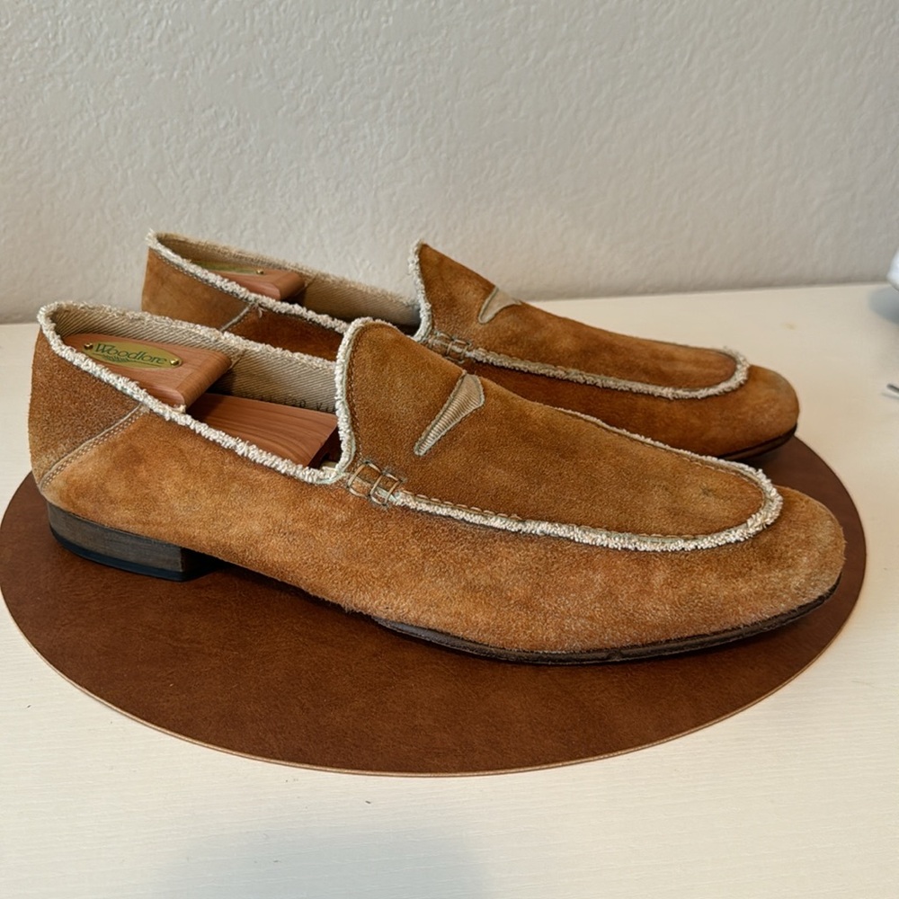 Donald J. Pliner Tan Suede Loafers with Cream Trim